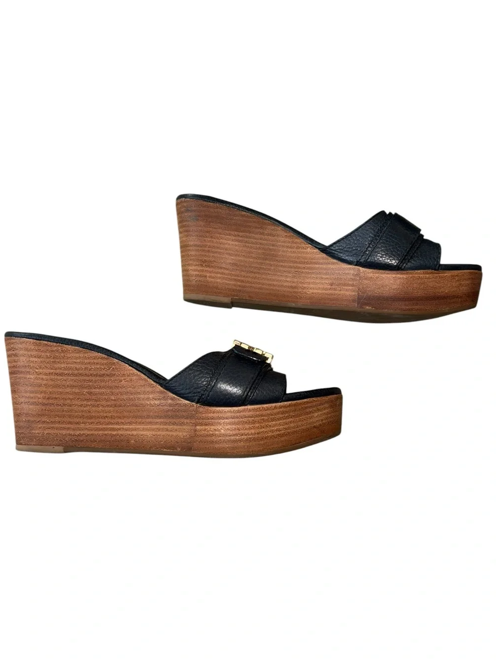 Tory Burch Elina Black Leather Gold Logo Plstform Wedge Sandals - 8.5